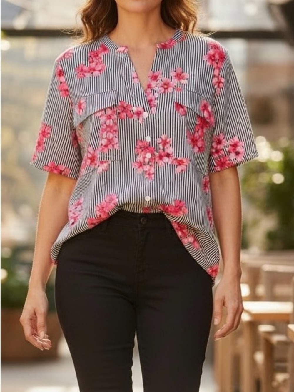 Calvin Klein Black & White Striped Button-Front Top with Pink Floral Print